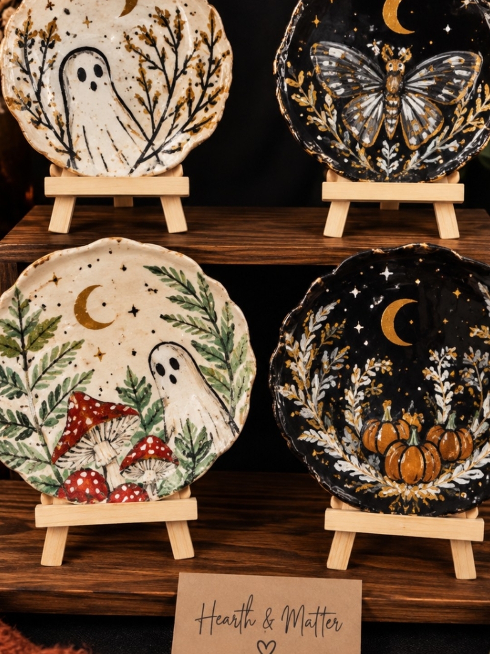 Hand-Painted Halloween Ceramic Scallop Shell- With MINI easel.